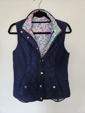 Lilly Pulitzer Navy Shell Vest with Pink, Blue & Green Printed Lining